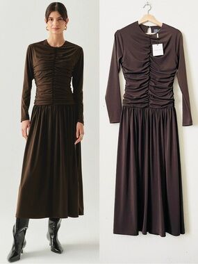 NWT Exquise SMALL Melany Vneck ruched long sleeve knit maxi dress in brown
